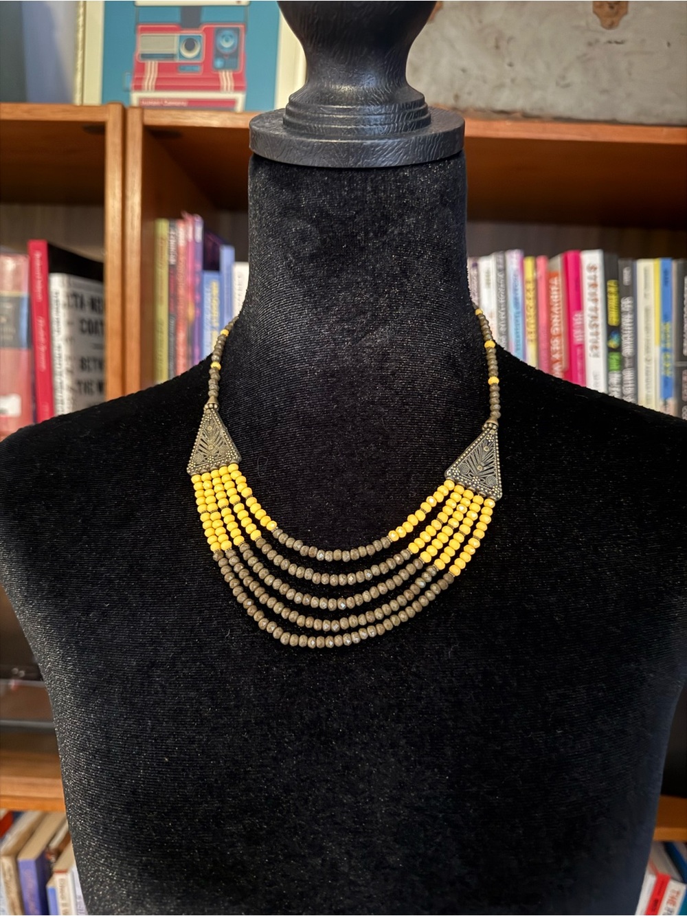 Yellow and Bronze Multi-Strand Beaded Necklace